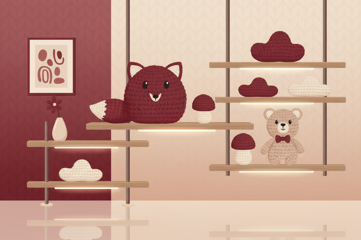 GENERIERE EIN BILD FÜR MEIN SHOPIFY SHOP DER COZY aber nicht zuu cozy AUSSIEHT MIT AMIGURMI. MEINE HAUPTFARBE VON SHOP IST BORDEAUX UND HELL BEIGE. MACH ES VIELLEICHT CARTOON MÄSIG